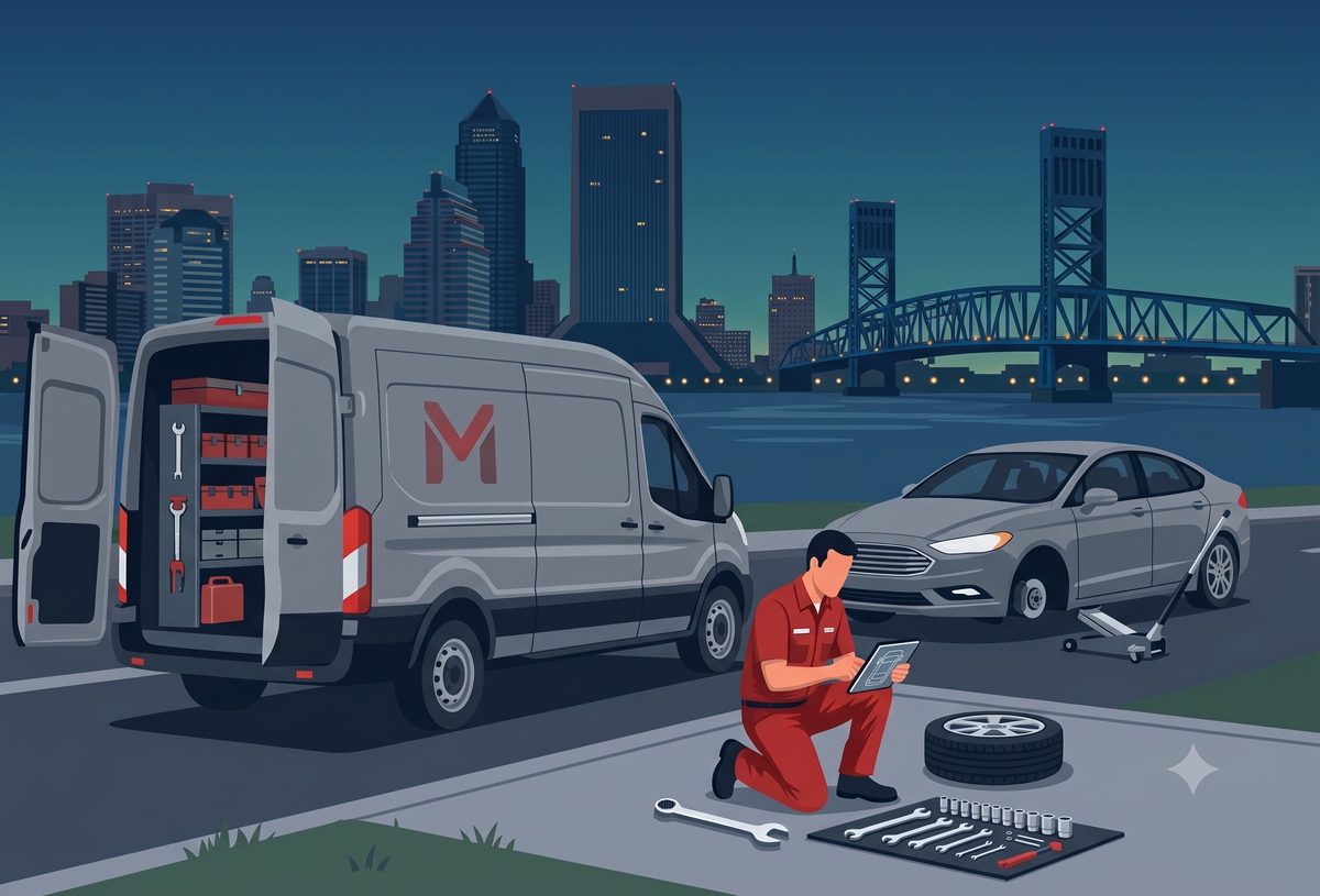 Illustration of a mobile mechanic kneeling beside a car changing a wheel at a roadside location, with his service van open and the Jacksonville skyline and Main Street Bridge in the background
